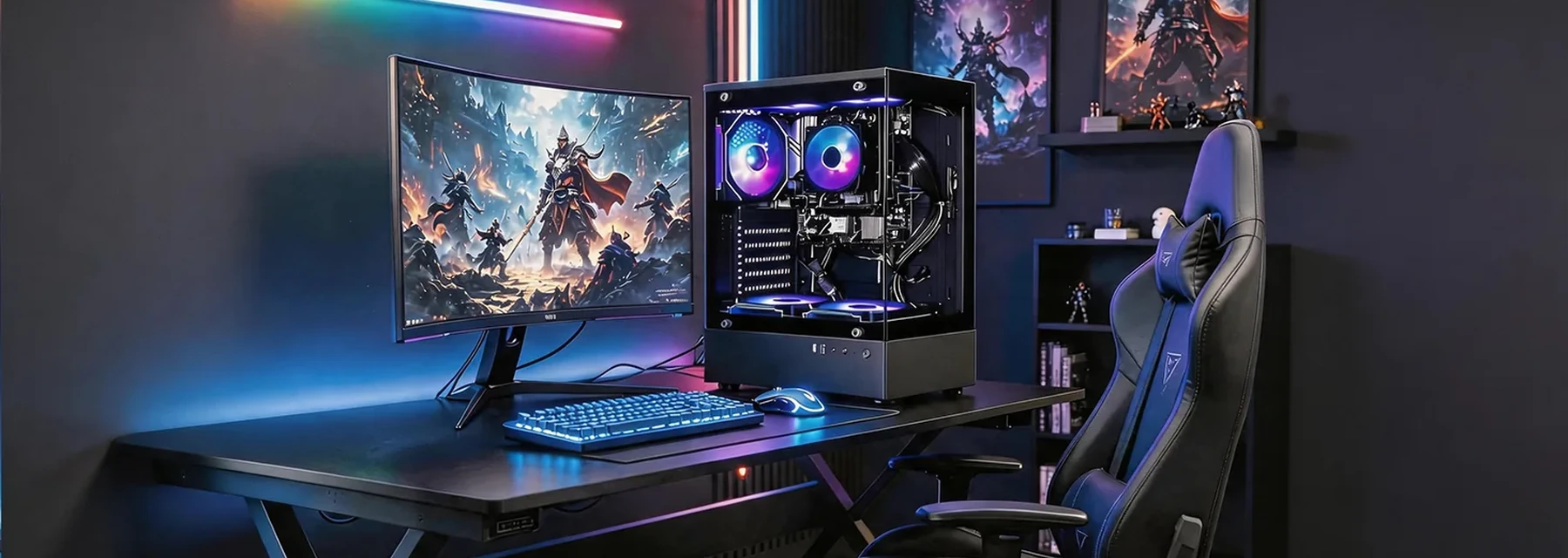 Olialia panoramic glass gaming PC in a complete gaming setup