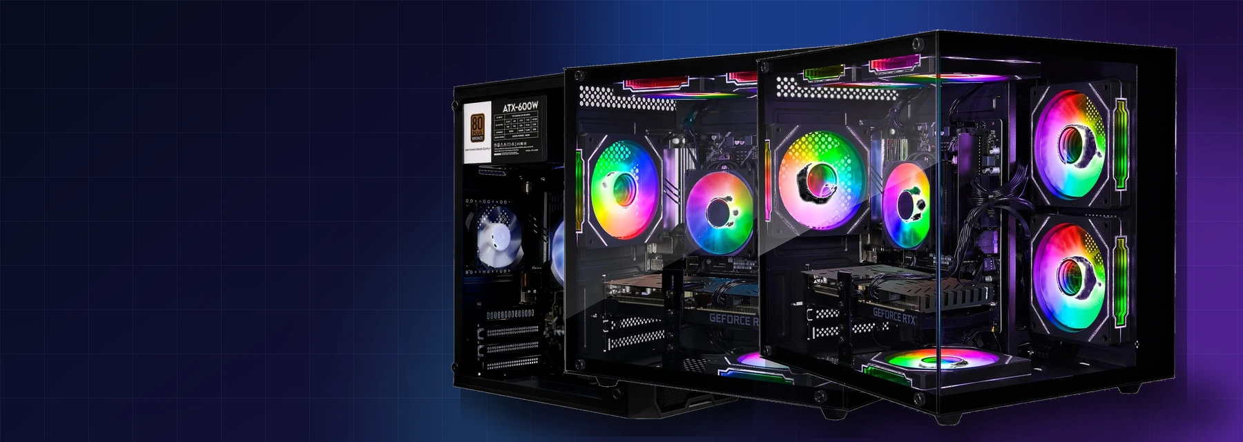 Olialia gaming PC lineup featuring compact and panoramic glass designs