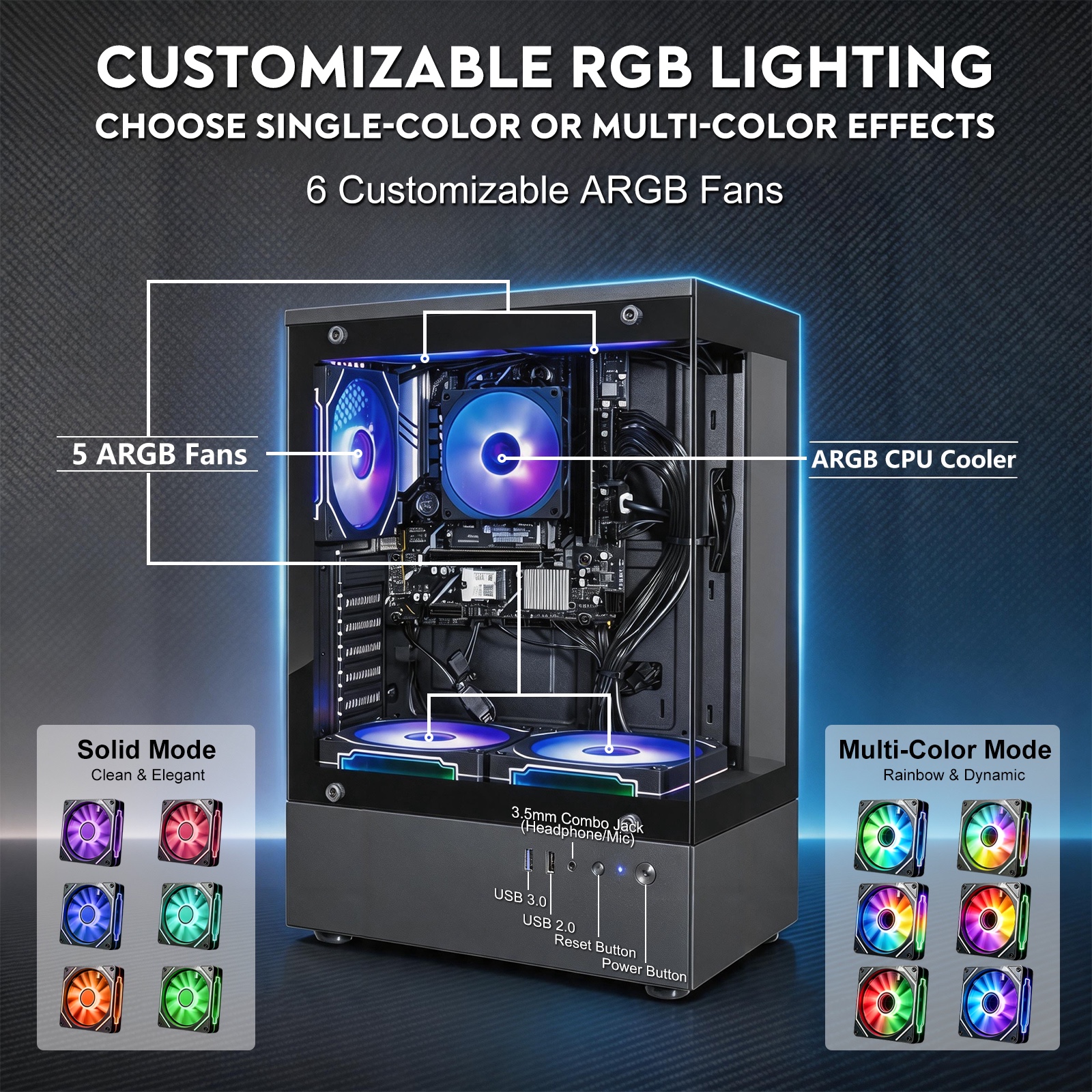 Olialia gaming PC customizable RGB lighting guide showing six ARGB fans and color modes